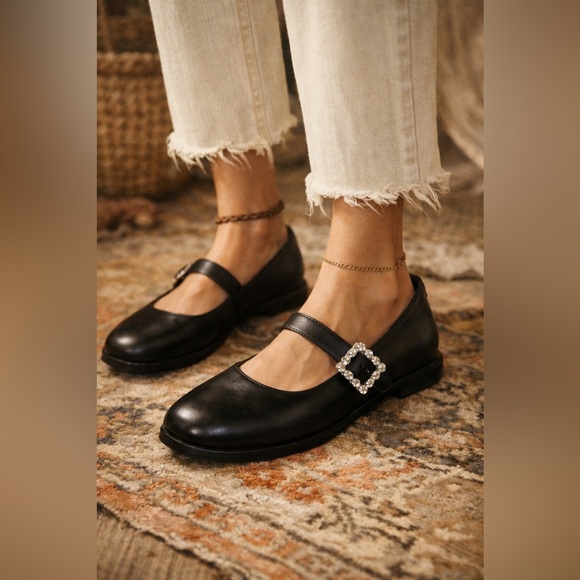 Free People Shoes - Free People Rumor Diamanté Black Mary Jane Flats Rhinestone Buckle Accent 6.5